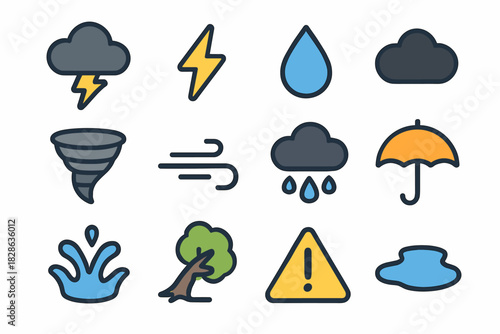 Elements warning raindrop wind hail lightning storm icons dark umbrella icon vector