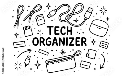 Tech accessories organizer: cables, cases, and gadgets in doodle design