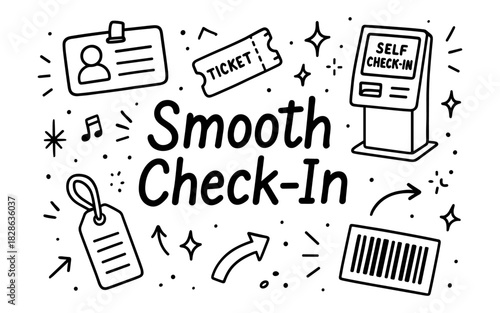 Seamless smooth check-in doodle with icons and kiosk illustration
