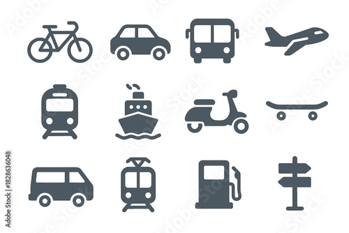 Car vector bicycle icon van fuel signpost transport airplane set scooter pump