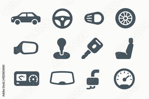 Tire side exhaust mirror windshield speedometer sedan vector set car icon