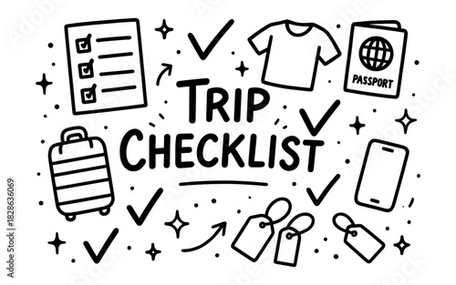 Doodle style travel checklist with icons for packing and planning