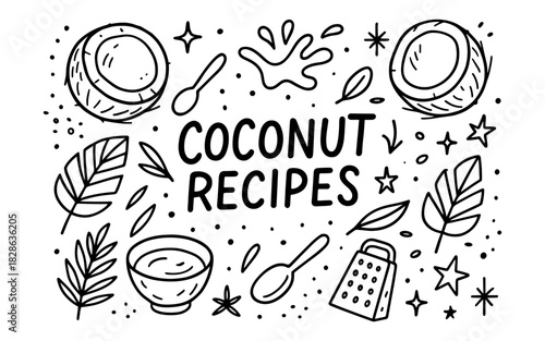 Coconut recipes hand drawn design with kitchen utensils and tropical elements
