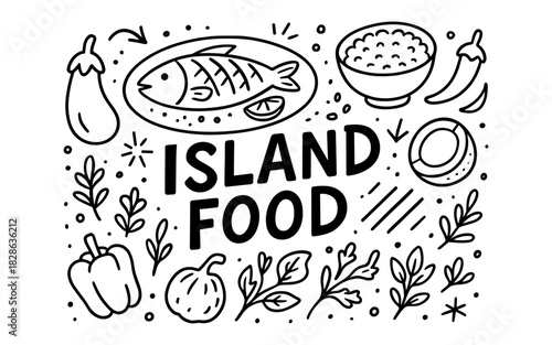 Hand-drawn tropical cuisine with fresh vegetables and fish elements