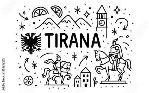 Tirana line art: historic monuments and icons in minimalist style