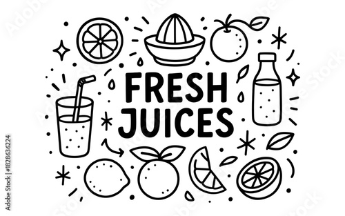 Fresh juices doodle: hand drawn citrus and bottle design