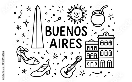 Buenos aires icons: obelisk, sun, tango shoes, and historic architecture in black outline