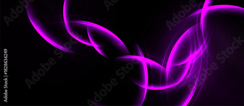 Abstract purple lines swirl against dark background. Bright energy radiates, creating dynamic visual effect. Smooth curves suggest movement, depth.