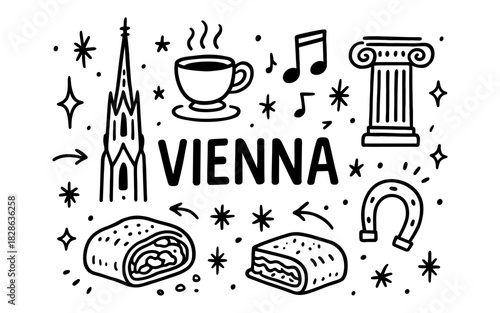 Vienna doodle art: coffee, music, and iconic landmarks in simple line style