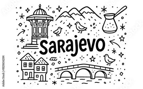 Sarajevo doodle art: iconic landmarks and symbols in black and white