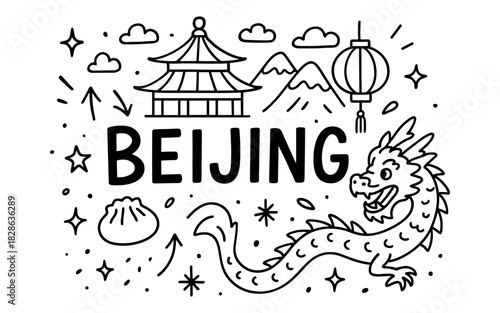 Beijing doodle: temple, lantern, dragon, mountains, and dumpling in outline art