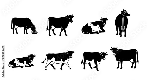 Collection of Black and White Cow Silhouettes in Various Poses.