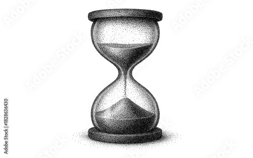 Retro dotwork hourglass with flowing sand in black and white