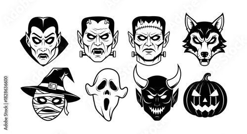 Collection of spooky Halloween characters and symbols in black a