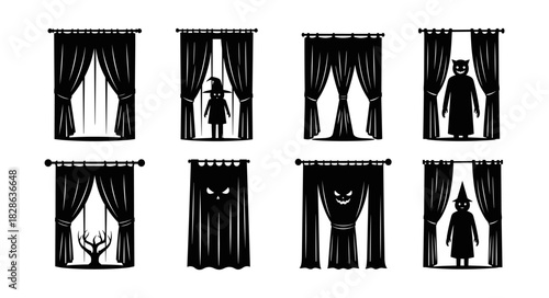 Silhouette figures peeking from behind curtains mysterious and s