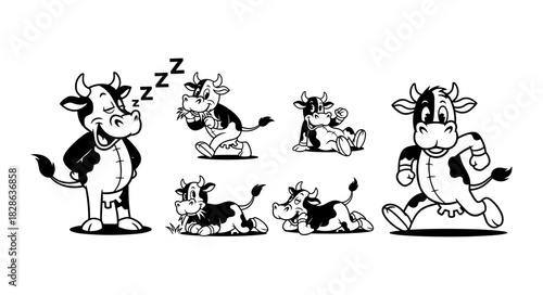Cartoon Cows In Various Poses And Activities.