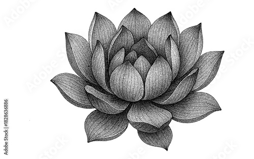 Detailed lotus flower drawing with intricate shading in black and white