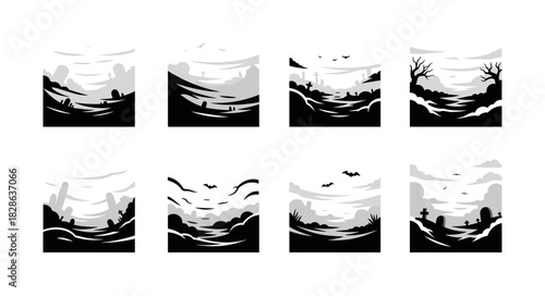 Collection of eight spooky Halloween night landscapes with silho