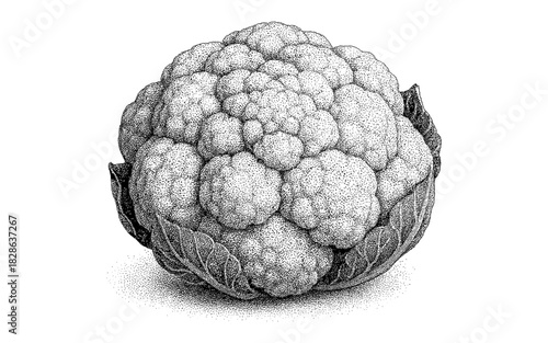 Detailed black and white stipple cauliflower art for culinary designs
