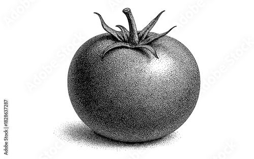 Stipple art of tomato: detailed black and white pointillism drawing