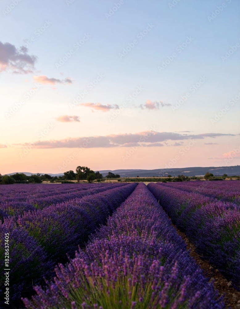 Naklejka premium Peaceful countryside lavender rows fading into distance
