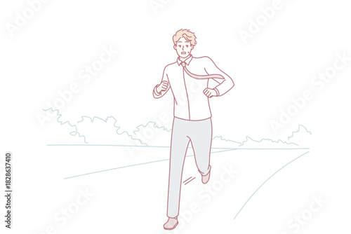 person jogging with coffee on trail, light pace with earbuds, casual activewear, open field backdrop, fresh air vibe, wellness routine, motion and momentum in minimalist sketch