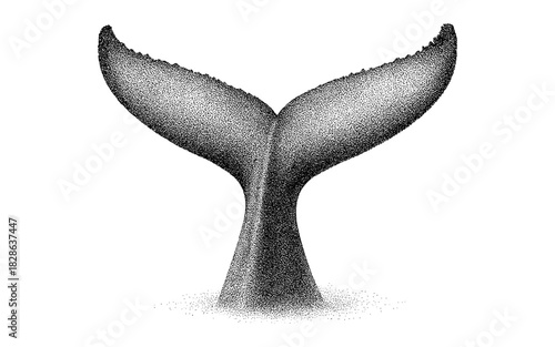 Stippled whale tail emerging from ocean waves in dot art style