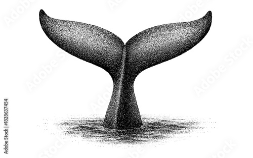 Pointillism whale tail emerging from ocean waves