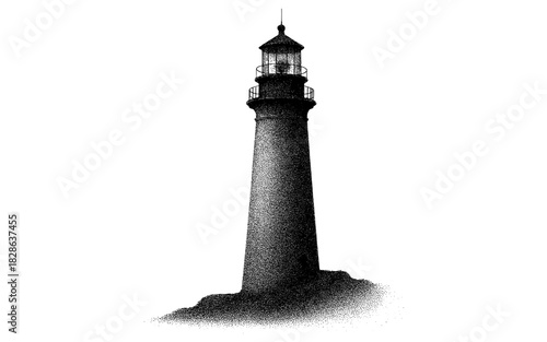 Vintage lighthouse art with pointillism details in monochrome style