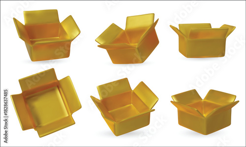 Set of glossy golden open gift boxes in different angles, perfect for luxury packaging design, branding, mockups, and festive promotions.