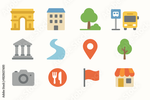 Shop bus icon vector landmark flag tourism set park river pin tree
