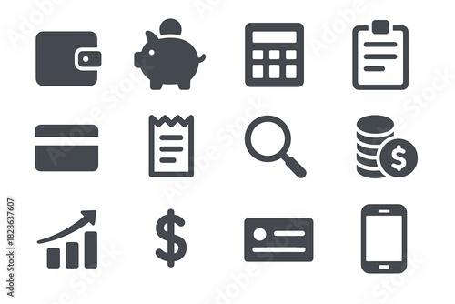 Icons sign vector chart card finance check personal piggy wallet dollar magnifier