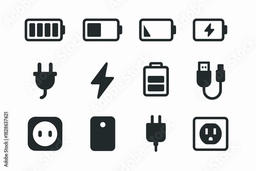 Vector low usb icon set half power plug battery full adapter