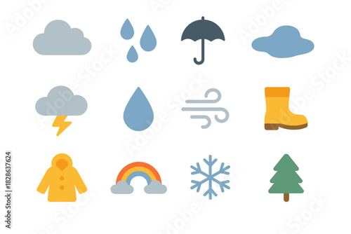 Boot umbrella puddle drop storm icon cloud set weather tree rainbow vector