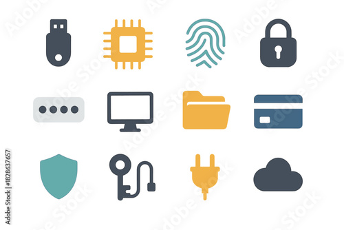 Vector keys fingerprint digital password dots shield cloud chip card icon folder