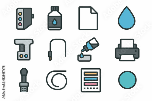 Nozzle bottle sheet icons refill color vector ink paper printer droplet cartridge