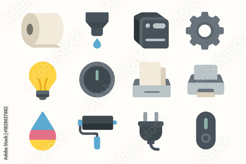 Plug process tray icon cartridge icons printing gear vector roller paper light