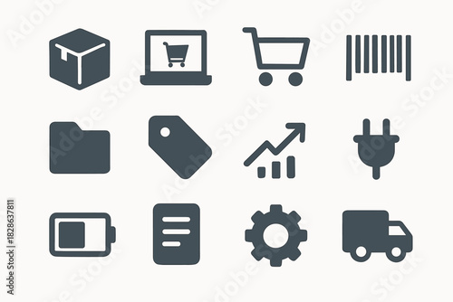 Gear icons shopping truck chart document barcode vector box laptop online icon