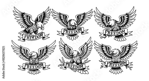 Set of Six American Bald Eagles with Freedom Banners Tattoo Styl