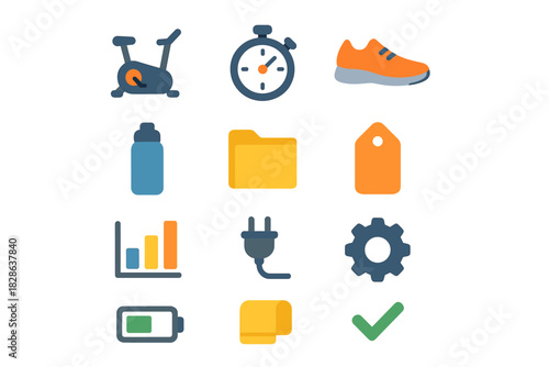 Fitness towel tag icons plug vector stopwatch cycling exercise bike folder icon