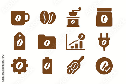 Set coffee folder plug scoop grinder mug icon bag checkmark vector gear