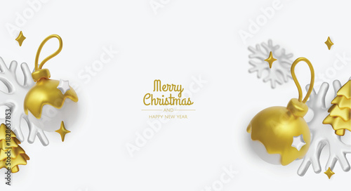 Stylish golden Christmas decorations with snowflakes creating a modern holiday composition perfect for greeting cards and seasonal promotions