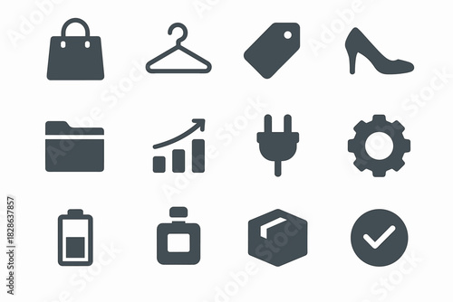 Icon checkmark icons tag hanger clothing fashion box bag battery shopping folder