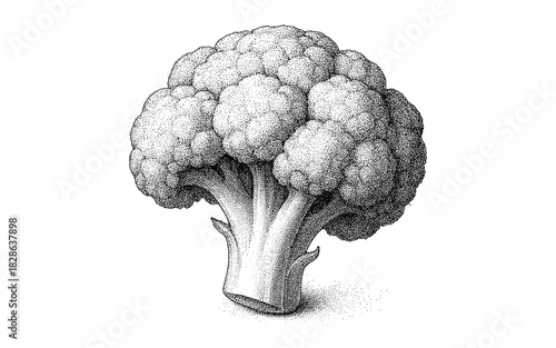 Detailed dotwork broccoli design in black and white stippling style