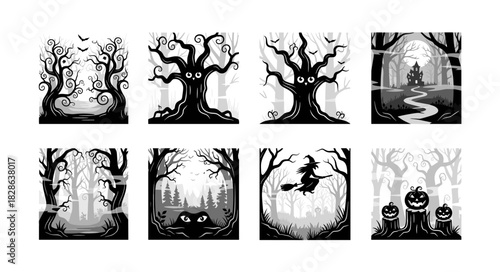 Spooky Halloween Forest Scenes with Creepy Trees and Witch.