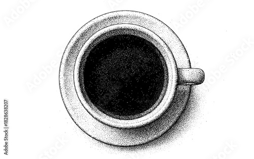 Stippled coffee cup top view in black and white ink art style