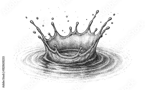 Inked splash art: detailed dotwork depiction of water droplet impact