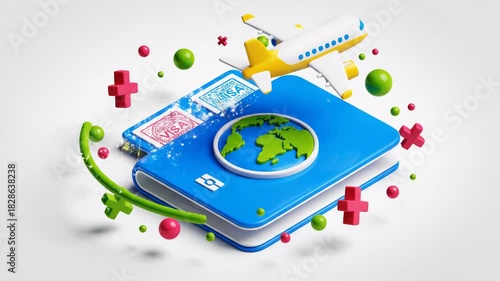 3d illustration of a passport with a plane flying over a globe, symbolizing international travel and vacation, isolated on white background
