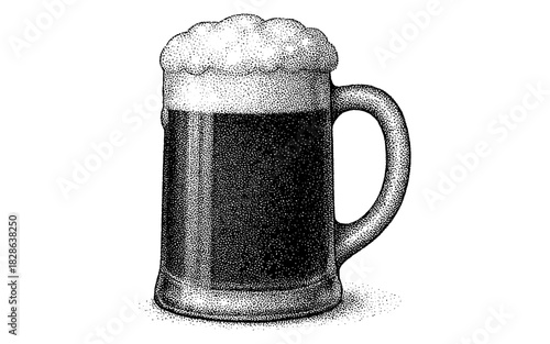 Detailed dotwork beer mug with foam top in black and white stipple art