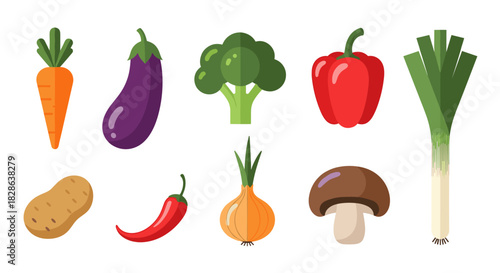 A colorful collection of fresh, flat-design vegetables and a mushroom, featuring carrot, eggplant, broccoli, bell pepper, and onion, isolated on white.